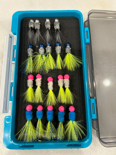 MAD Fishen hard case Hand tied jig packs, 1/16 oz. Round head jigs. Hard case with latching lid. 20 hand ties total in case, 4 colors  in each case.