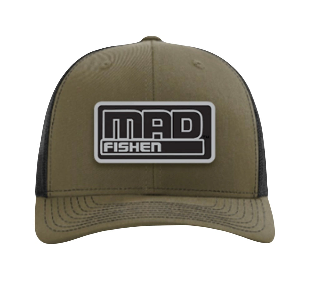 Green and black cap with  Richardson 112 hat 'Mad Fishen' logo on a white background